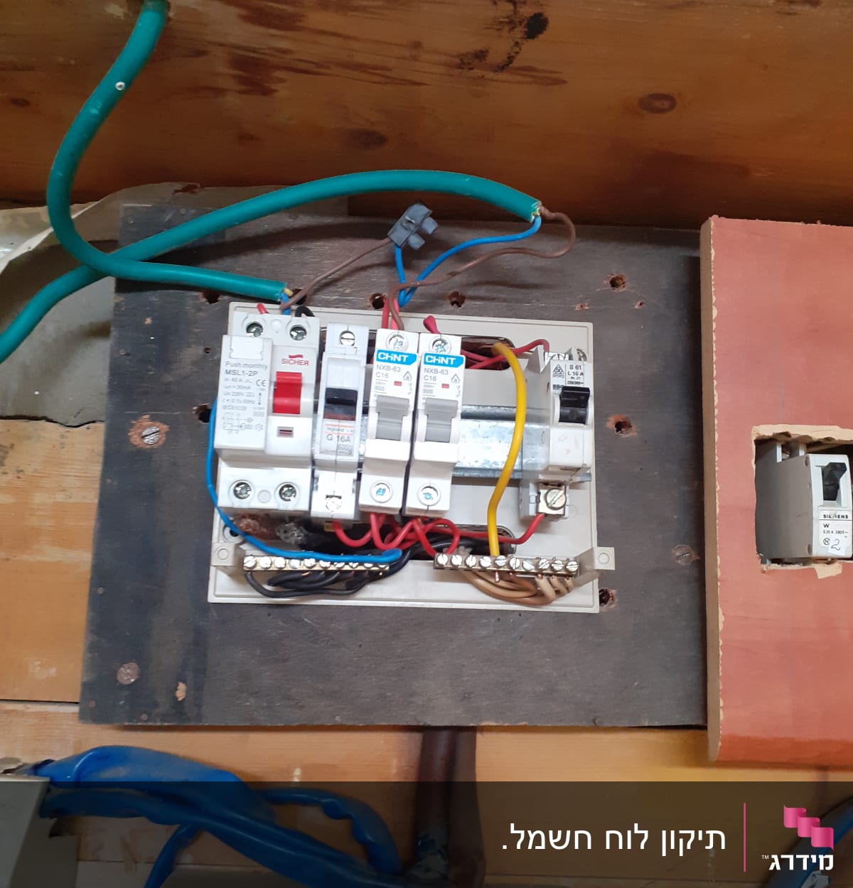 לוח חשמל עם חוטים צבעוניים ומפסקים